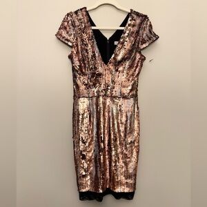 Dress the Population Sequin Bodycon Dress Rose Gold Metallic V-Neck Cocktail